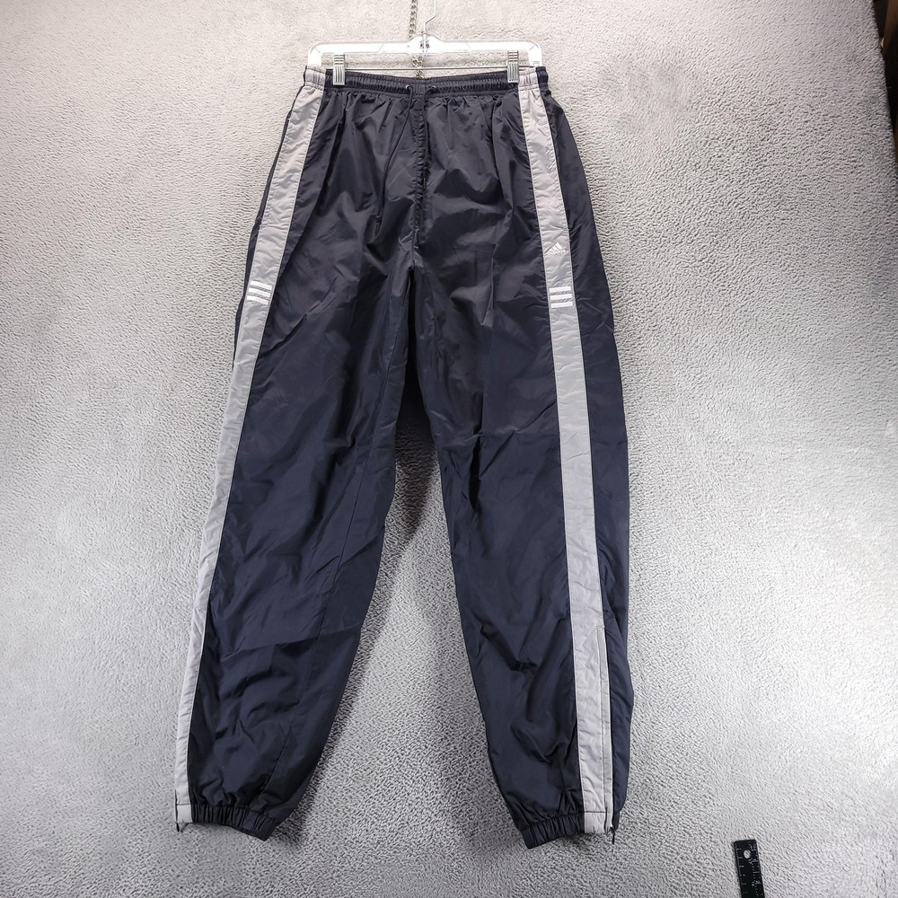 Adidas Track Pants Mens M Black Windbreaker Side Stripe Ankle Zip Gym Swishy Y2K